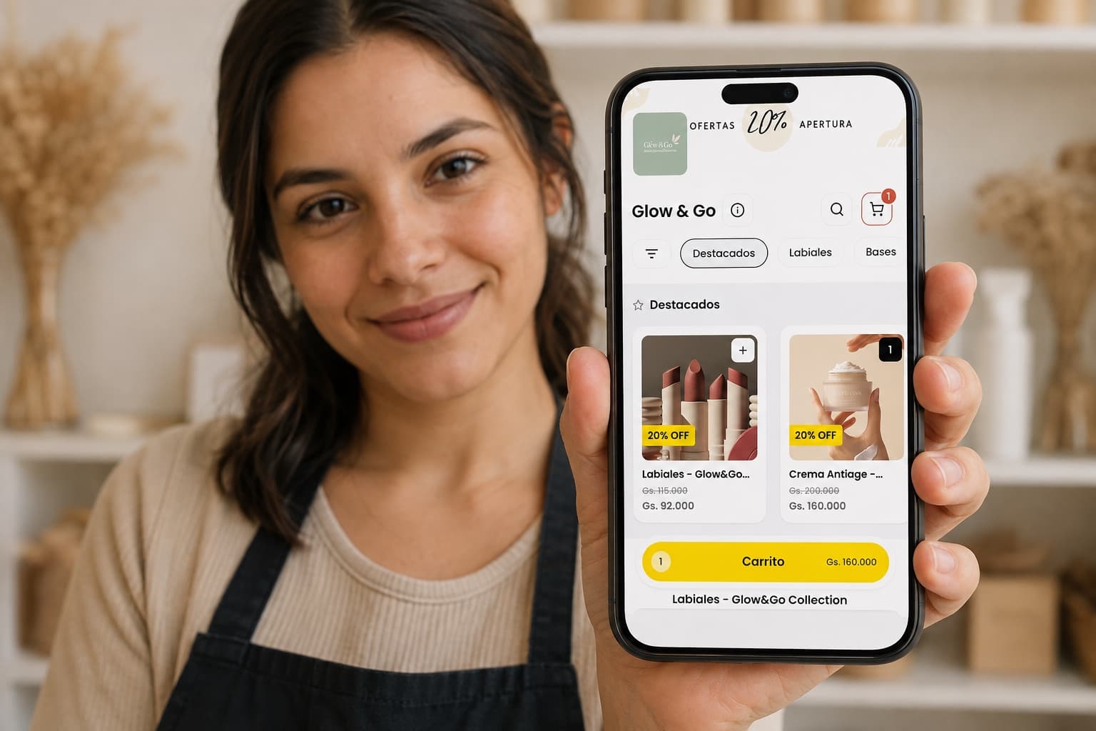 Emprendedora paraguaya mostrando su tienda online de Shoperly en el celular