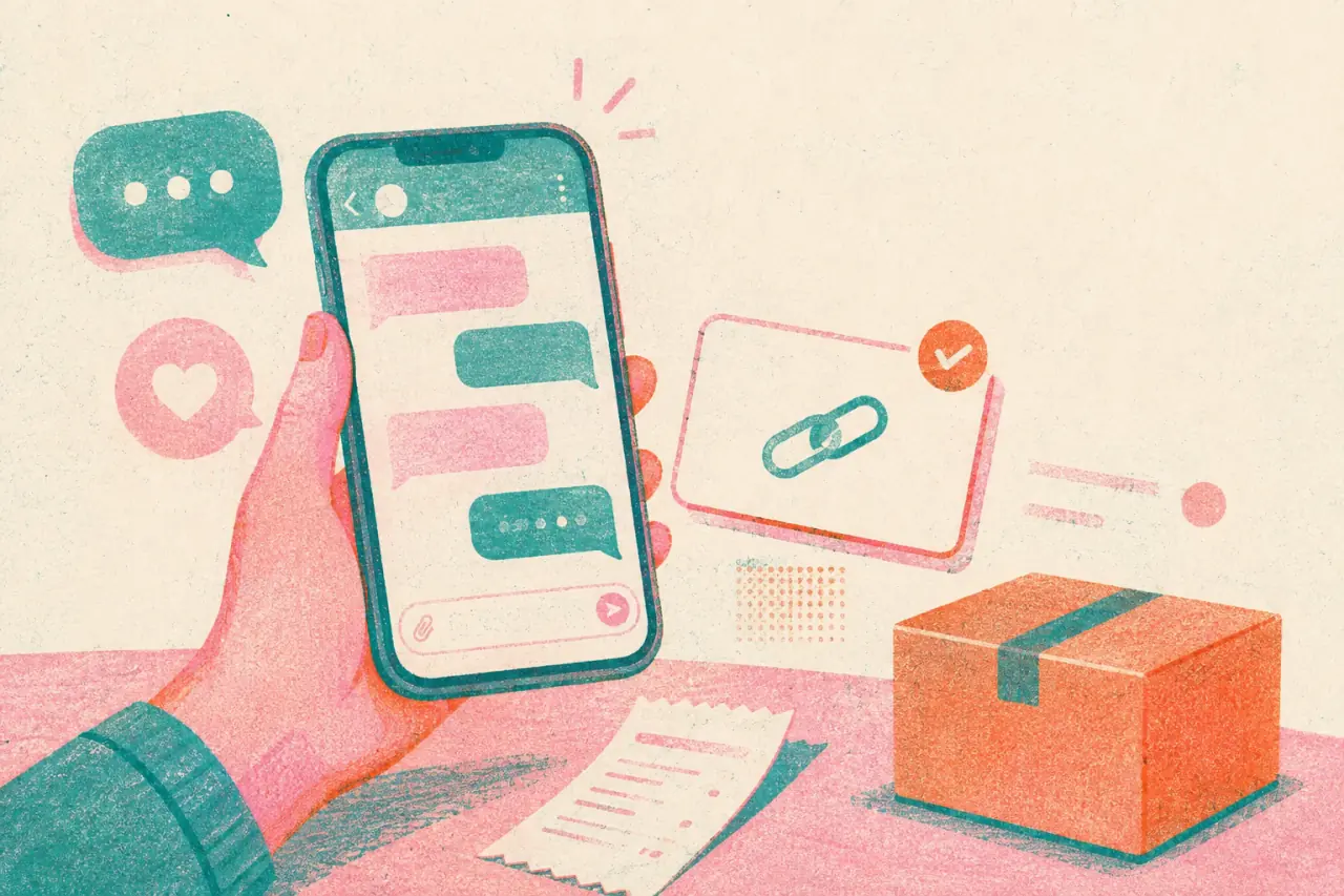 Ilustración risograph de una mano sosteniendo un celular con un chat de WhatsApp, un enlace de pago y un paquete listo para enviar