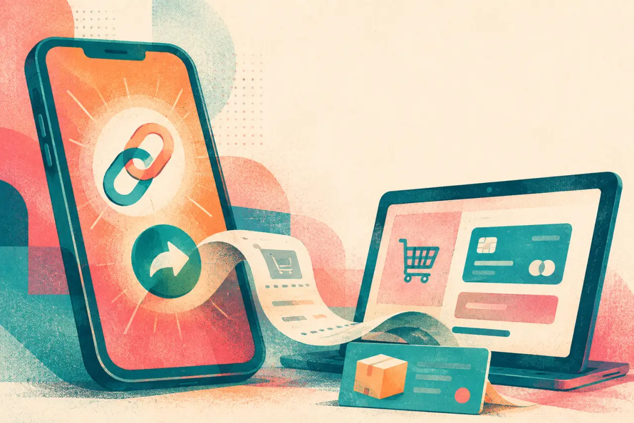 Ilustración risograph de un link de pago y un checkout online comparados para vender en Argentina