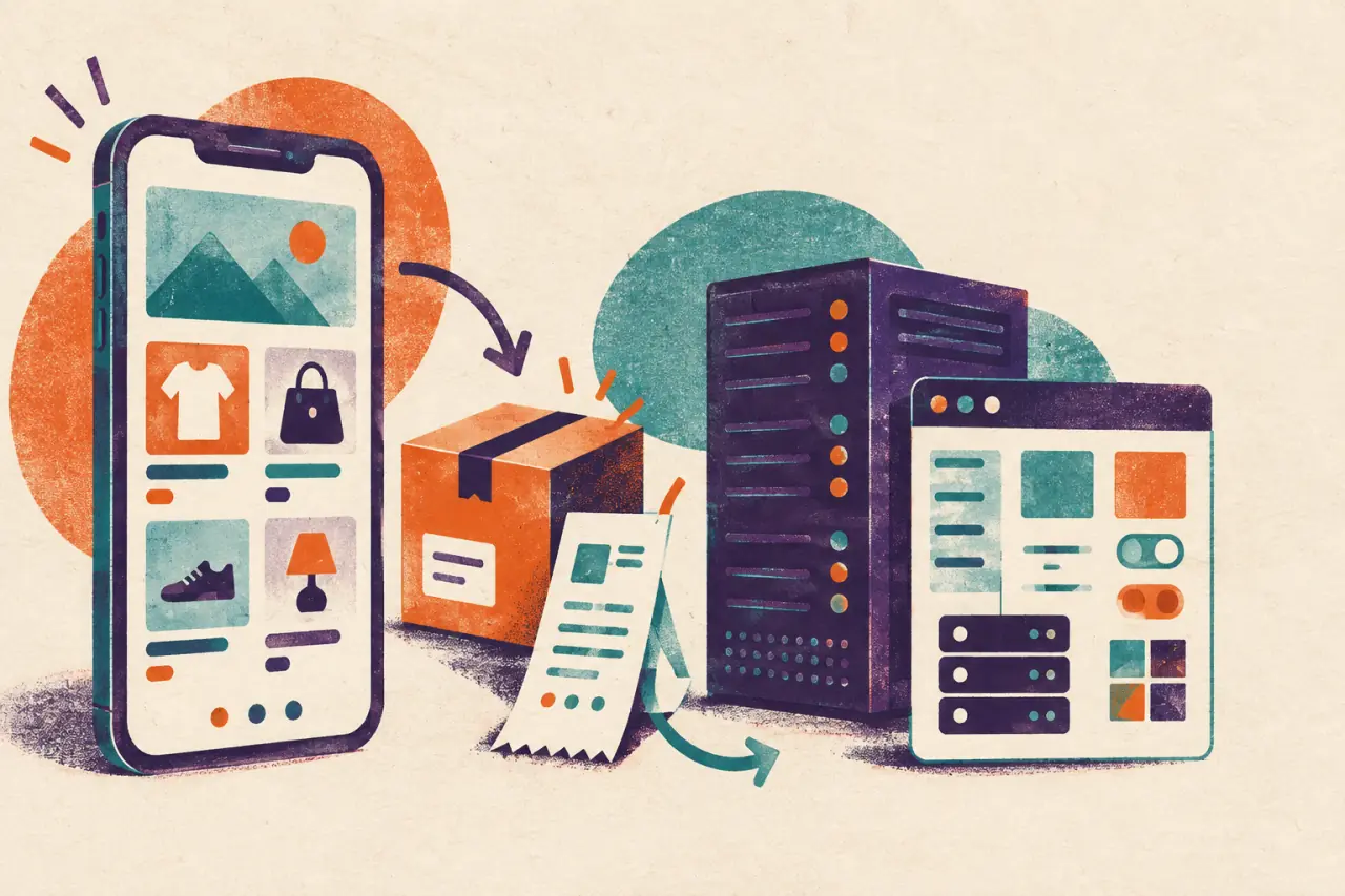 Ilustración risograph de una tienda simple en celular frente a un panel de hosting con servidores, paquete y recibo