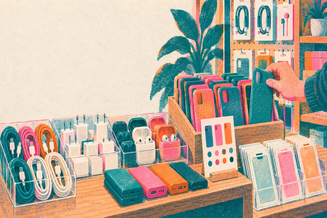 Ilustración risograph de fundas, micas, cargadores, audífonos y power banks organizados por tipo y modelo de celular