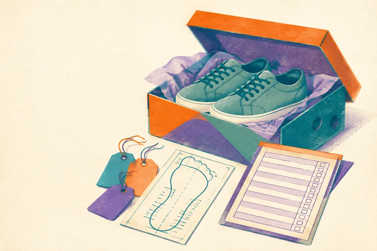 Ilustración risograph de un par de zapatos en su caja con etiquetas de talla, guía de medición y hoja de pedidos